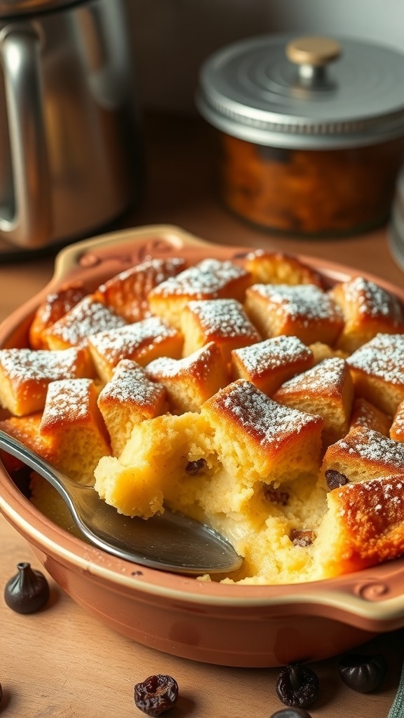 A serving of golden brown French bread pudding dusted with powdered sugar, in a rustic dish on a wooden table.
